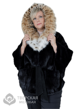 Норковая шуба "Пончо" капюшон рысь черный 75